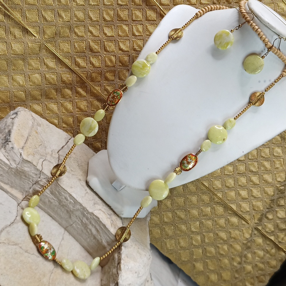 Lemon Jasper And Cloisonne Beaded Necklace And Earrings Set